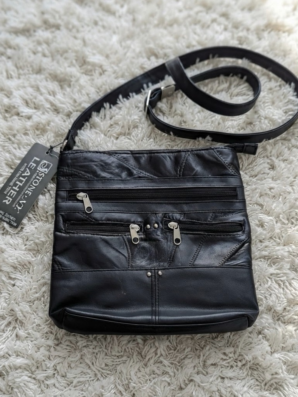 NWT Stone Mountain Black Leather Multi-Pocket Crossbody Bag Purse 9.5"x9.5"